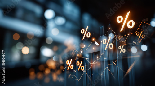 Abstract global interest rates illustration with rising and falling percentage arrows, currency symbols, and financial chart elements, defocused background, monetary policy