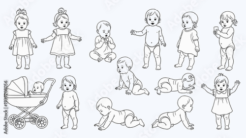 Black and White Line Art Illustration of Babies and Toddlers in Various Poses and Activities, Perfect for Educational Material, Coloring Pages, and Children's Products