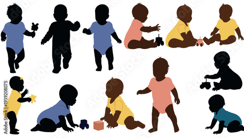 Diverse Babies Playing: Vector Silhouette Illustration for Childcare, Parenting, and Early Childhood Education. Playful Infants in Various Poses with Toys, Perfect for Websites and Prints.