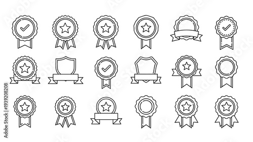 Vector Award Medals Set: Line Art Collection of Achievement Badges, Quality Seals and Recognition Emblems for Business Success, Certificates, and Graphic Design Projects