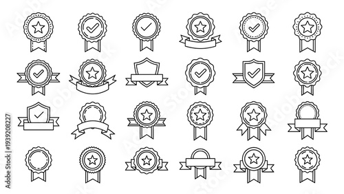 Elegant Vector Medals and Awards Icon Set: Black and White Outline Style for Achievements, Certifications, Badges, Seals, and Recognition Graphics, Ideal for Presentations and Web Design