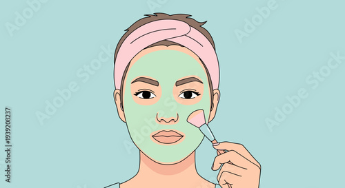 Woman applying green face mask with brush for skincare routine.