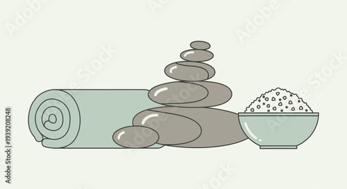 Spa stones and towel with salt in bowl for relaxation and wellness.