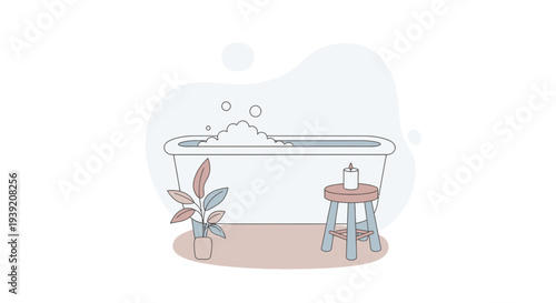 Relaxing bathroom scene with bathtub and potted plant.