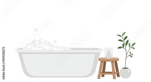 Relaxing bathroom scene with bathtub and potted plant.