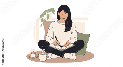 Woman sitting cross-legged on floor writing in notebook.
