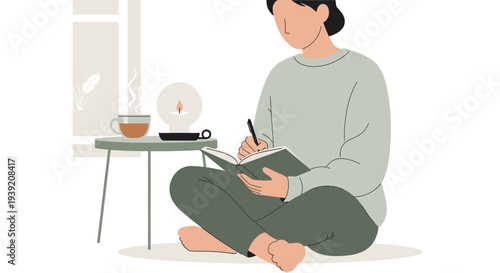 Woman sitting on floor writing in notebook with cup of coffee.