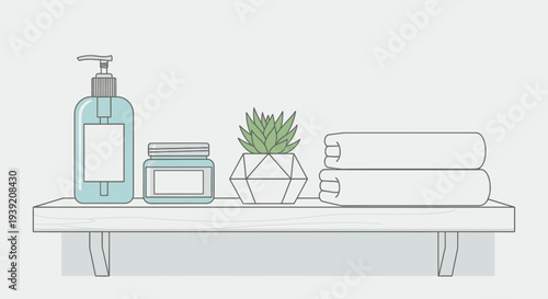 Minimalist Bathroom Shelf with Toiletries and Towels.