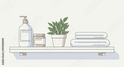 Bathroom shelf with towels and spa products illustration.