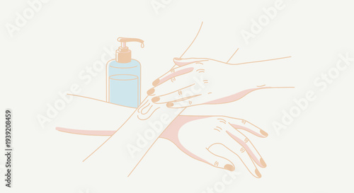 Hand hygiene with hand sanitizer dispenser and clean hands.