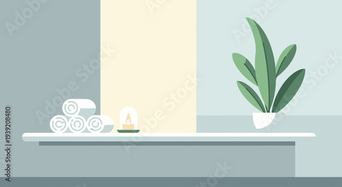 Serene Bathroom Shelf with Towels and Potted Plant.