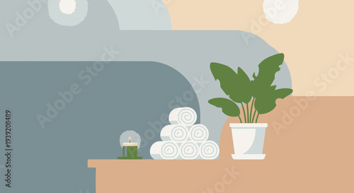Cozy bedroom with towels and potted plant on bedside table.
