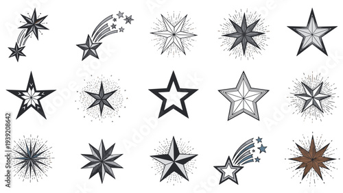 Celestial Starbursts: An Assortment of Cosmic Star Illustrations for Festive Designs, Space Exploration Graphics, and Holiday Season Decorations, Sparkling Night Sky and Magical Starry Elements