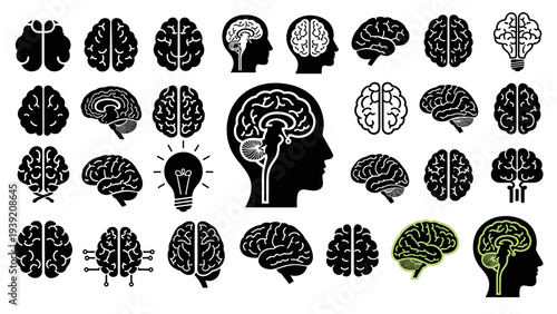 Brainstorming Brilliance: A Vector Collection of Human Brain Icons for Creative Ideas, Intelligence, Neurology, Innovation, and Mind Power in Psychology and Neuroscience Research