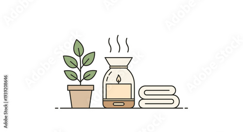 Simple line art illustration of a potted plant, humidifier, and towels.