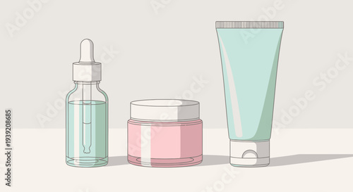 Cosmetic products including serum, cream, and lotion on a white surface.