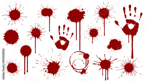 Macabre Mayhem: A Collection of Red Splatters and Handprints for Halloween Horror Designs, Perfect for Scary Invitations and Spooky Season Graphics with Creepy, Grunge Texture Details