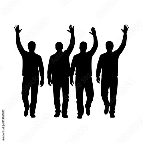 Silhouette of Four Men Waving Hands Together.