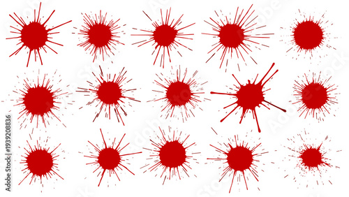 Array of Vibrant Red Splatters: An Energetic and Visually Striking Collection for Graphic Design, Artistic Overlays, and Creative Projects Requiring Dynamic Texture and Bold Color Accents.