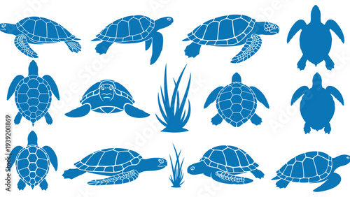 Oceanic Symphony: An Aquatic Ballet of Blue Sea Turtle Silhouettes, Showcasing Graceful Reptiles and Marine Flora in a Serene Underwater Ecosystem for Conservation and Educational Use