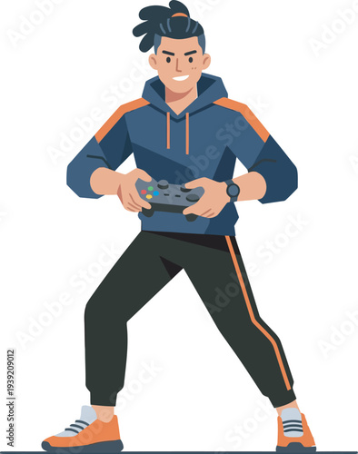 Flat vector illustration of a male gamer in a blue hoodie and orange-accented joggers, holding a game controller. Perfect for esports branding, gaming logos, and streaming channel graphics.