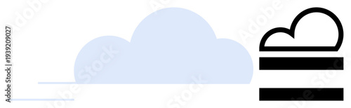 Minimalist design with a soft blue cloud, horizontal airflow lines, and black layered structure. Ideal for data storage, cloud computing, technology, simplification, analytics, digital transfer