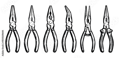 Set of various hand-drawn pliers in a black and white sketch style, showcasing different workshop tools like needle-nose, bent-nose, and combination types