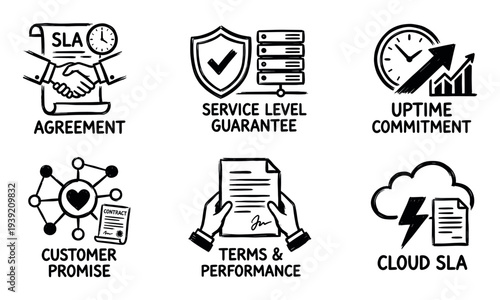 Set of six hand-drawn icons illustrating service level agreement concepts like guarantee, uptime commitment, customer promise, performance, and cloud SLA in a doodle style