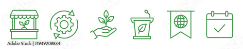 Set of green ecology line icons representing sustainability, including an organic market, recycling gear, plant growth, environmental conference, global conservation, and a calendar event