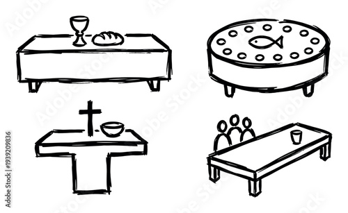 Four hand-drawn Christian religious icons depicting communion with bread and wine, the last supper, a cross altar, and the miracle of loaves and fishes in a sketch style