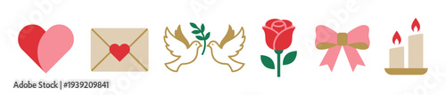 Set of six romantic flat design icons including a heart, love letter, doves, rose, bow, and candles for a Valentine's Day or wedding celebration concept