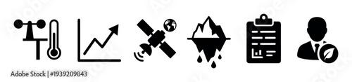 Set of black glyph icons representing climate change concepts like global warming, weather monitoring, melting glaciers, satellite data, scientific reports, and ecology