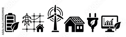 Collection of black flat vector icons for green energy and sustainability, featuring a wind turbine, solar panel house, eco battery, power grid, and clean electricity symbols