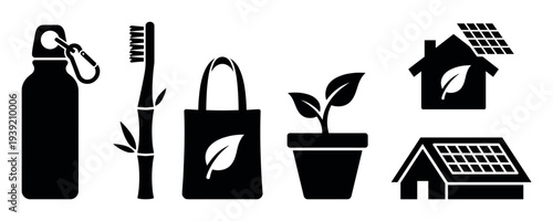 Black silhouette icons of eco-friendly items like a reusable bottle, bamboo toothbrush, tote bag, and solar panel house representing a sustainable, zero-waste lifestyle