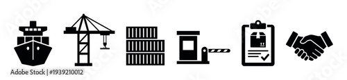 Set of black logistics and shipping icons representing the supply chain process, including a cargo ship, port crane, containers, checkpoint, delivery form, and handshake