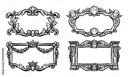 Set of four ornate vintage frames with baroque and rococo elements, including cherubs, crowns, and theatrical masks, presented in a hand-drawn black and white sketch style