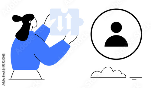 Teamwork concept. Teamwork by a person interacting with puzzle pieces and user identification icon. Teamwork facilitating collaboration, communication, and idea sharing. For HR, leadership, tech