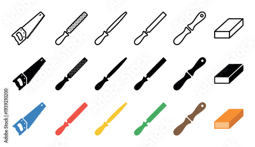 Collection of woodworking hand tool icons including a saw, files, rasps, and a sanding block, shown in three different graphic styles: outline, silhouette, and color