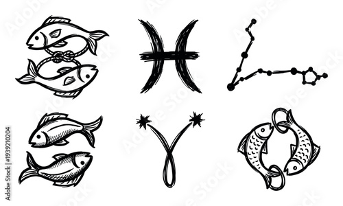 Collection of hand-drawn Pisces zodiac symbols including the fish, glyph, and constellation in a black ink brush stroke style for astrological horoscopes and spiritual concepts