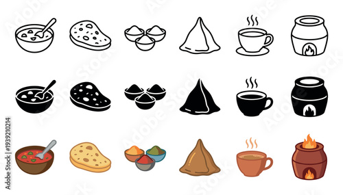 Set of Indian food icons featuring traditional dishes like samosa, naan, curry, and chai, presented in three distinct styles: line art, solid glyph, and full color