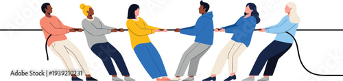 Diverse team playing tug of war, teamwork competition concept, group collaboration and strength, business strategy struggle, unity and teamwork challenge illustration