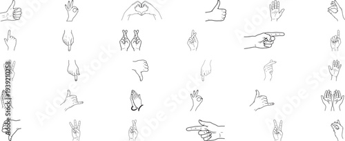 Large collection of hand gesture icons in black and white Keywords: hand, gesture, icon, symbol