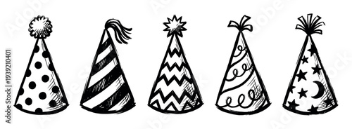 Set of five hand-drawn party hats with various patterns like polka dots, stripes, and stars, illustrated in a black and white grunge ink sketch style for a celebration