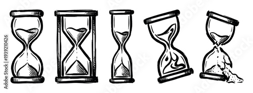 Set of five hand-drawn hourglasses in a black ink sketch style, showing the passage of time with one broken and sand spilling out to symbolize a deadline or the end