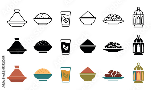 Collection of Middle Eastern food icons including a tagine, couscous, mint tea, dates, and a lantern, presented in three distinct styles: line art, solid glyph, and flat color