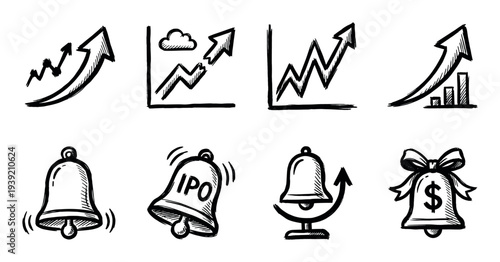 Hand-drawn financial and stock market icons featuring growth charts, upward arrows, ringing bells, and an IPO symbol, all sketched in a simple black ink doodle style