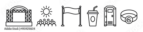 Set of black line icons for a music festival or outdoor event featuring a stage, crowd, flag, drink, portable toilet, and wristband in a minimalist outline style