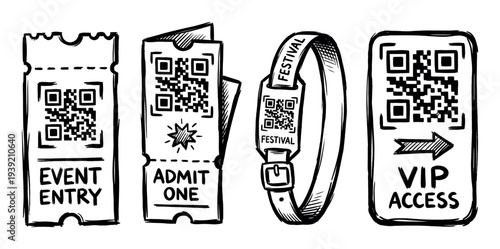 Set of hand-drawn event tickets, a festival wristband, and a VIP access pass with QR codes, all illustrated in a black and white sketch doodle style for modern admission