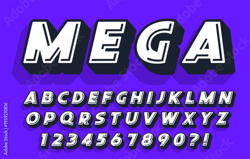 Mega Bold Font - White 3D Alphabet with Black Shadow on Blue Purple Background