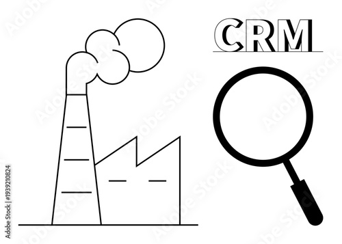 CRM analysis. Factory business operations and a magnifying glass analysis in CRM workflows. CRM tools for data management, productivity, and efficiency. Topics CRM systems, business solutions